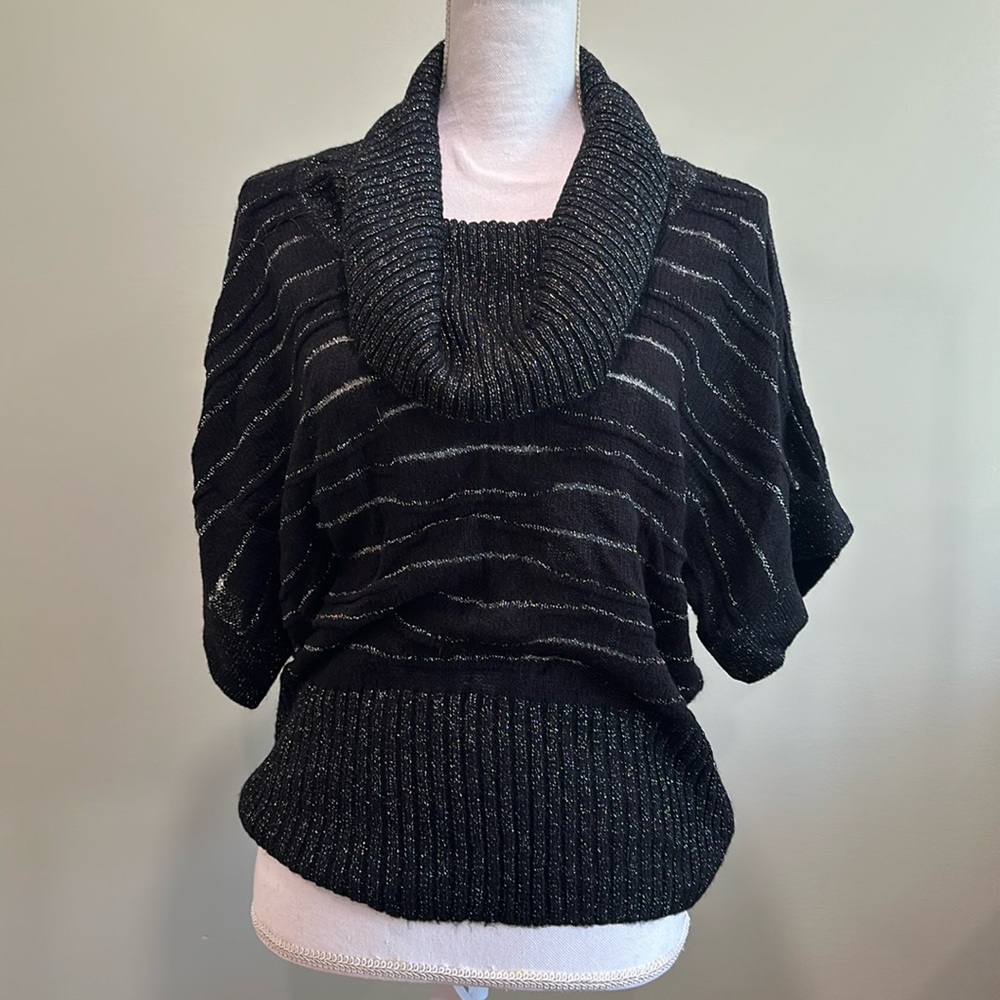 Black sparkly cowl short sleeve sweater